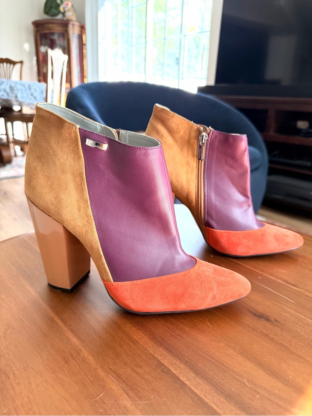 Calvin Klein Aubrey Leather Suede Colorblock Booties Size 10M Purple Orange
